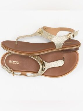 Michael Kors MK Plate Flat Thong T-Strap Metallic Gold Sandals Women’s Size 7.5